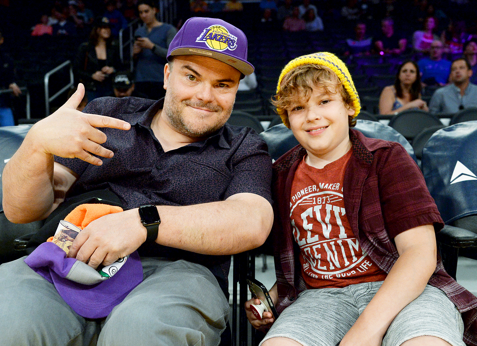 Jack Black and his son Samuel attend Washington Wizards and Los Angeles Lakers basketball game at Staples Center March 28 2017, in Los Angeles, California.