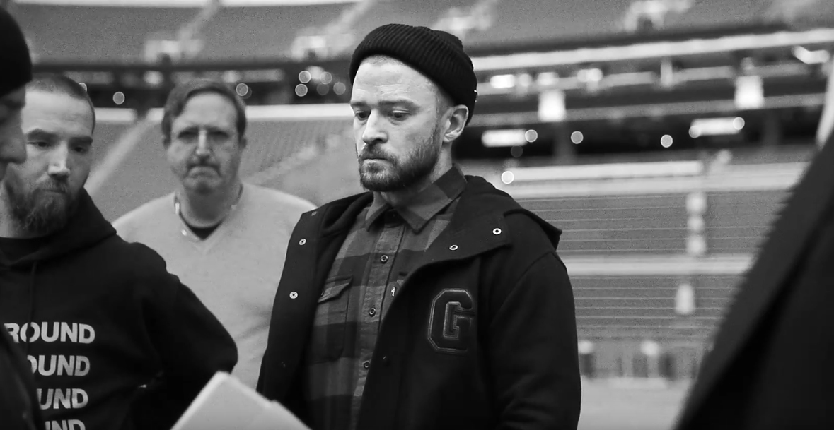 Justin Timberlake and his backup dancers rehearse for the Super Bowl Halftime Show.
