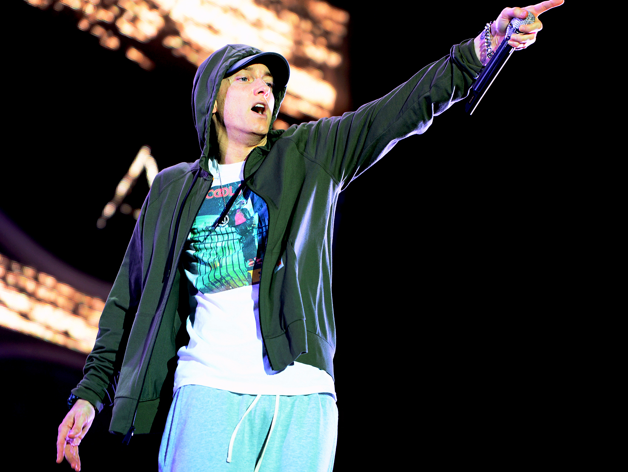 Eminem performs at Samsung Galaxy stage during 2014 Lollapalooza Day One at Grant Park in Chicago, Illinois.