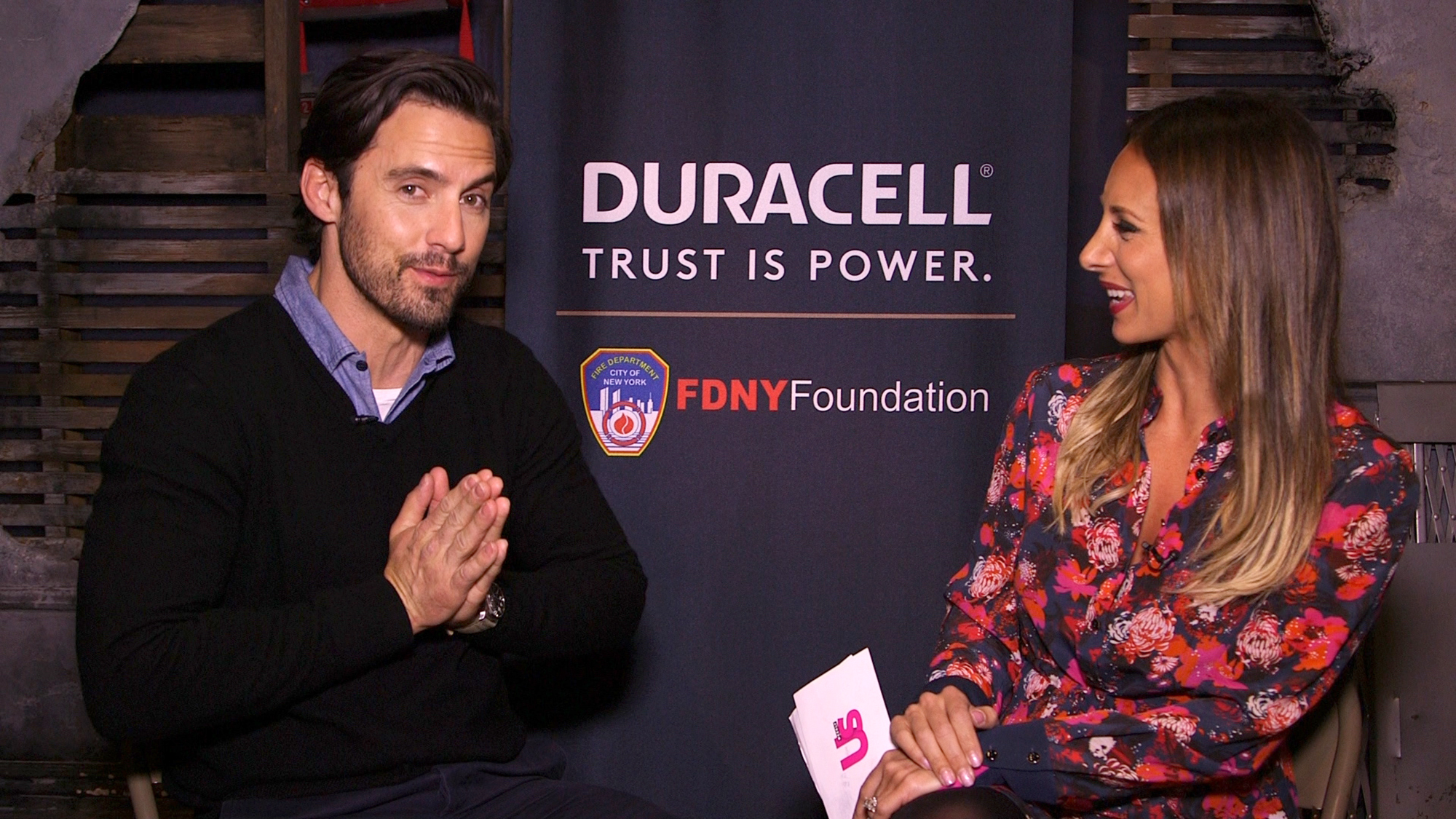 Milo Ventimiglia being interviewed by Us.