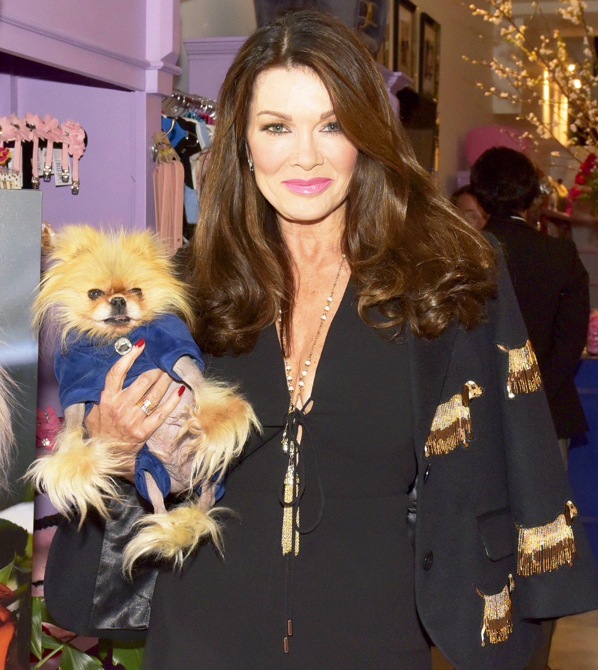 Lisa Vanderpump and dog Giggy at The Vanderpump Dog Center in Los Angeles, California.