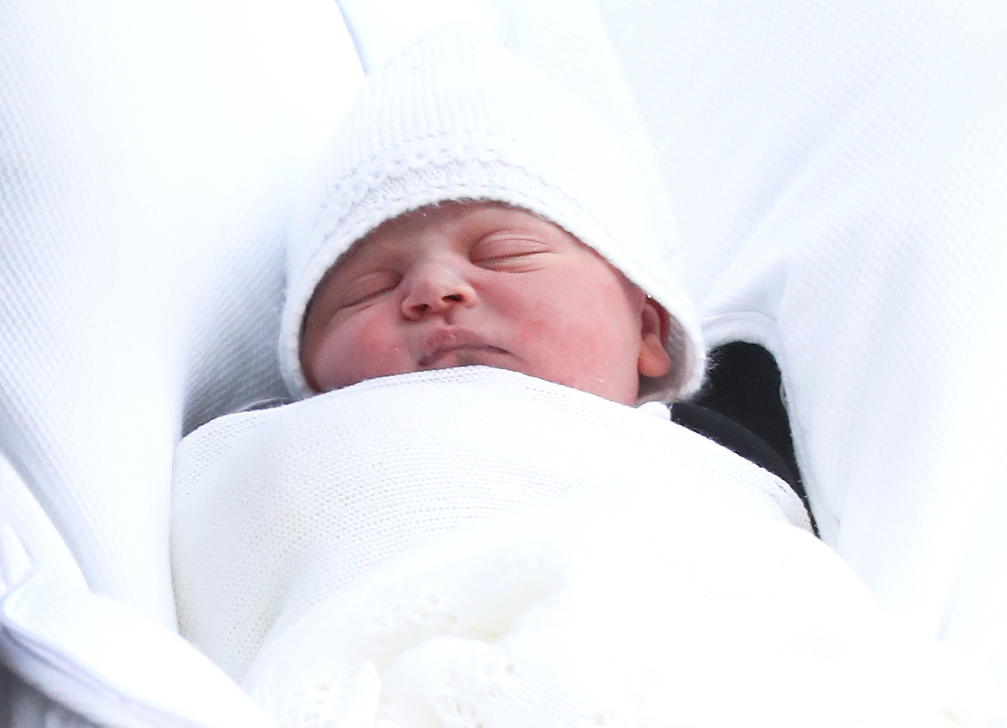 The new born son Prince Louis of Cambridge of Prince William and Kate Middleton as they depart the Lindo Wing at St Mary's Hospital on April 23, 2018 in London, England.