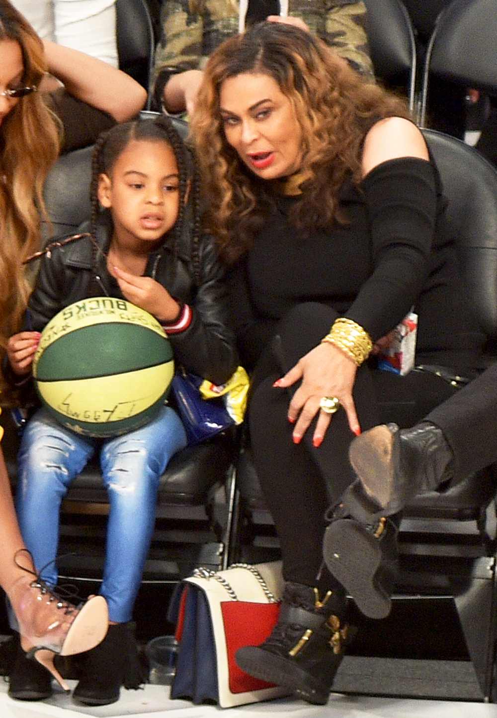 Blue Ivy and Tina Knowles attend The 67th NBA All-Star Game: Team LeBron Vs. Team Stephen at Staples Center on February 18, 2018 in Los Angeles, California.