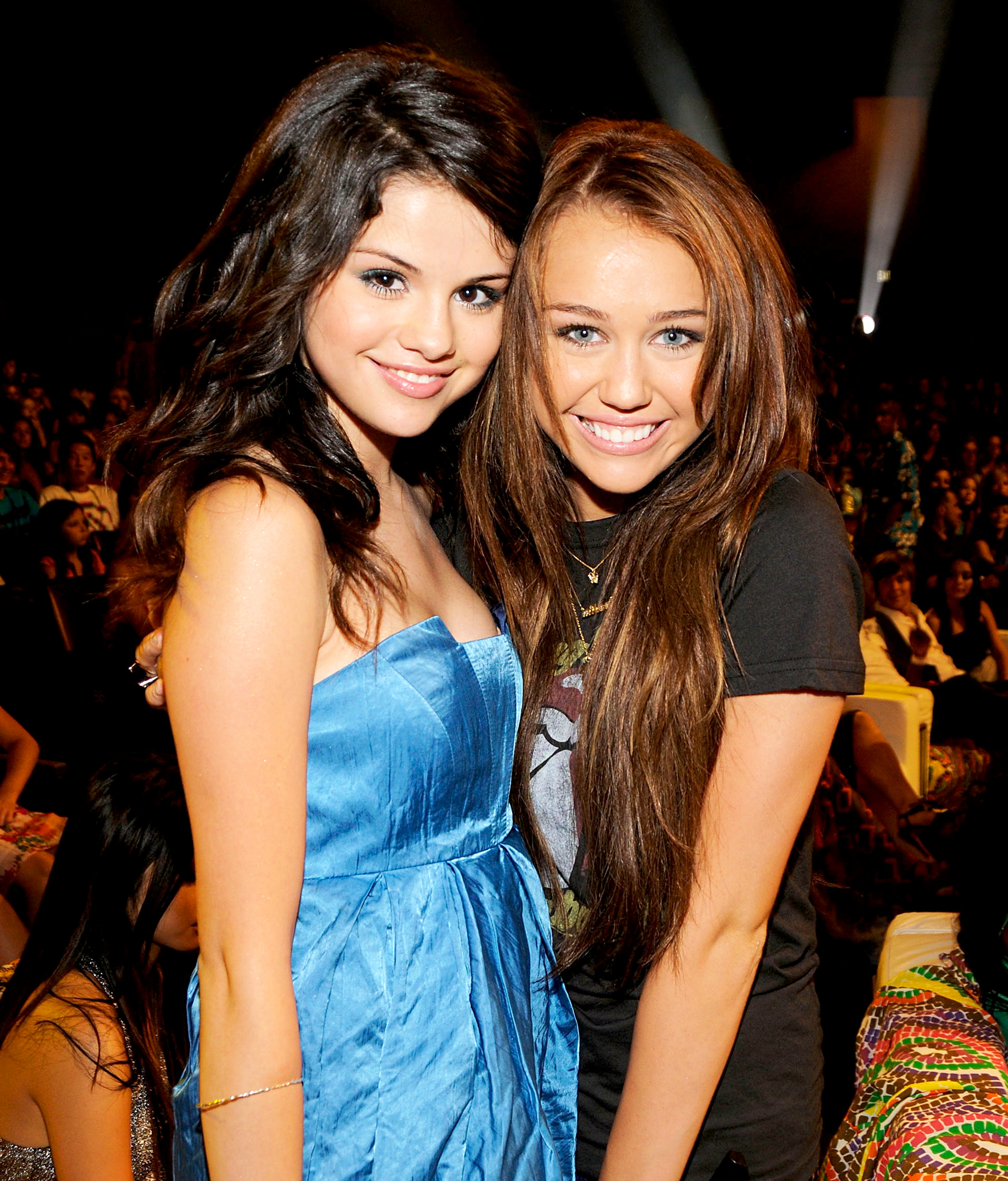 Selena Gomez and Miley Cyrus during the 2008 Teen Choice Awards at Gibson Amphitheater in Los Angeles, California.