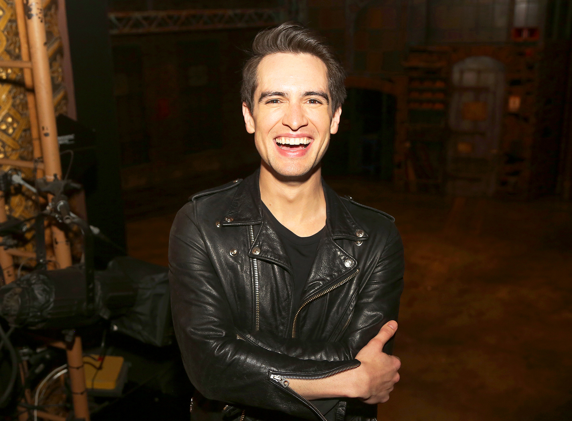 Brendon Urie poses at a photo call for his broadway debut in the hit musical "Kinky Boots" on Broadway at The Al Hirschfeld Theatre in New York City.