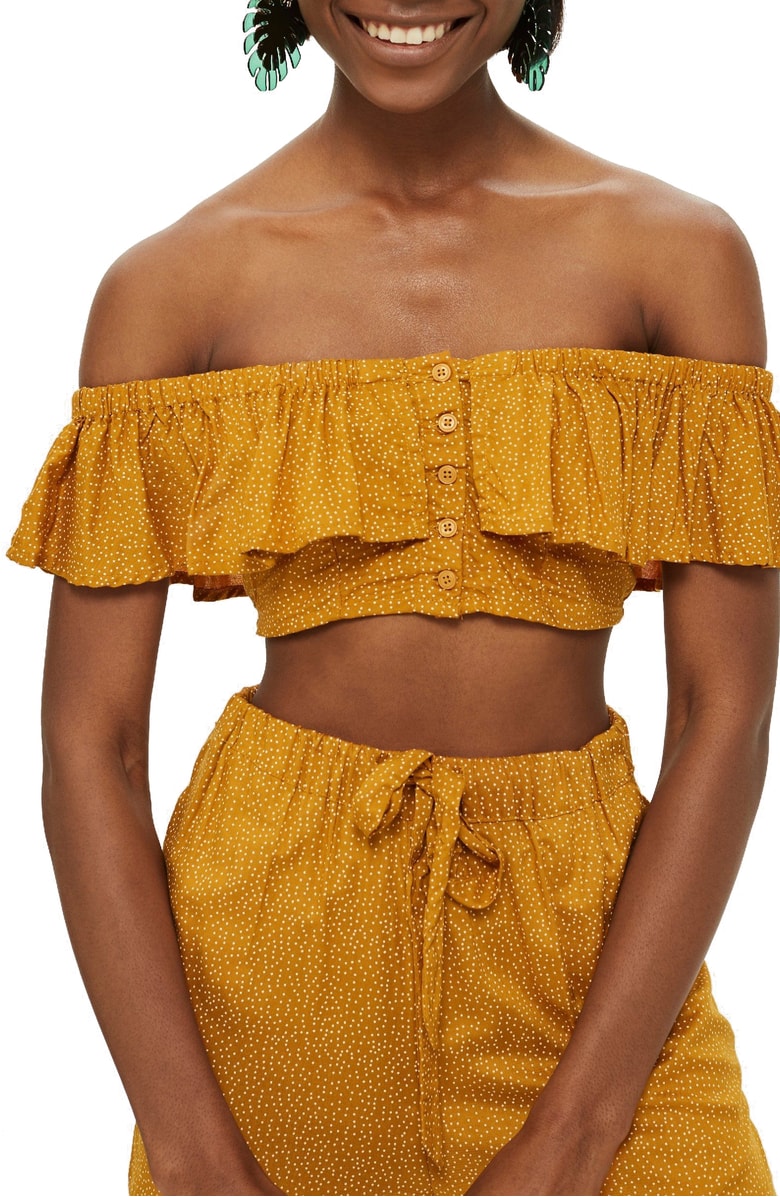 Topshop Spot Frill Off the Shoulder Crop Top