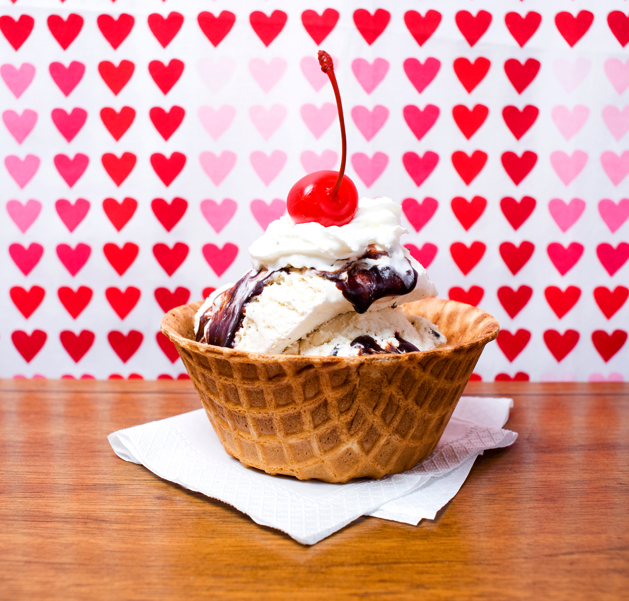 Ice cream sundae in waffle bowl