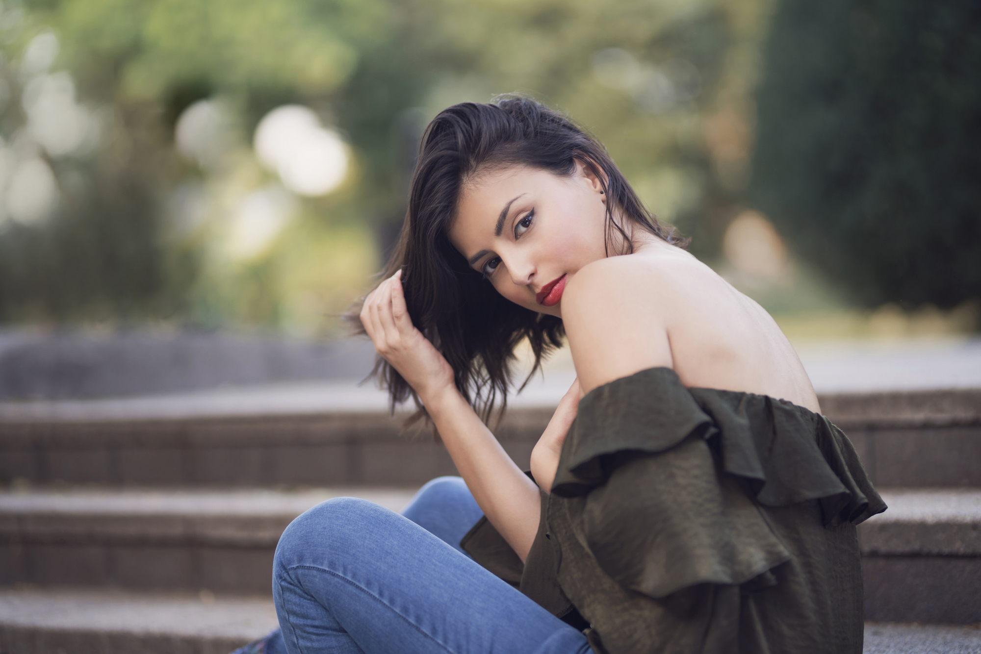 Woman wearing off the shoulder top