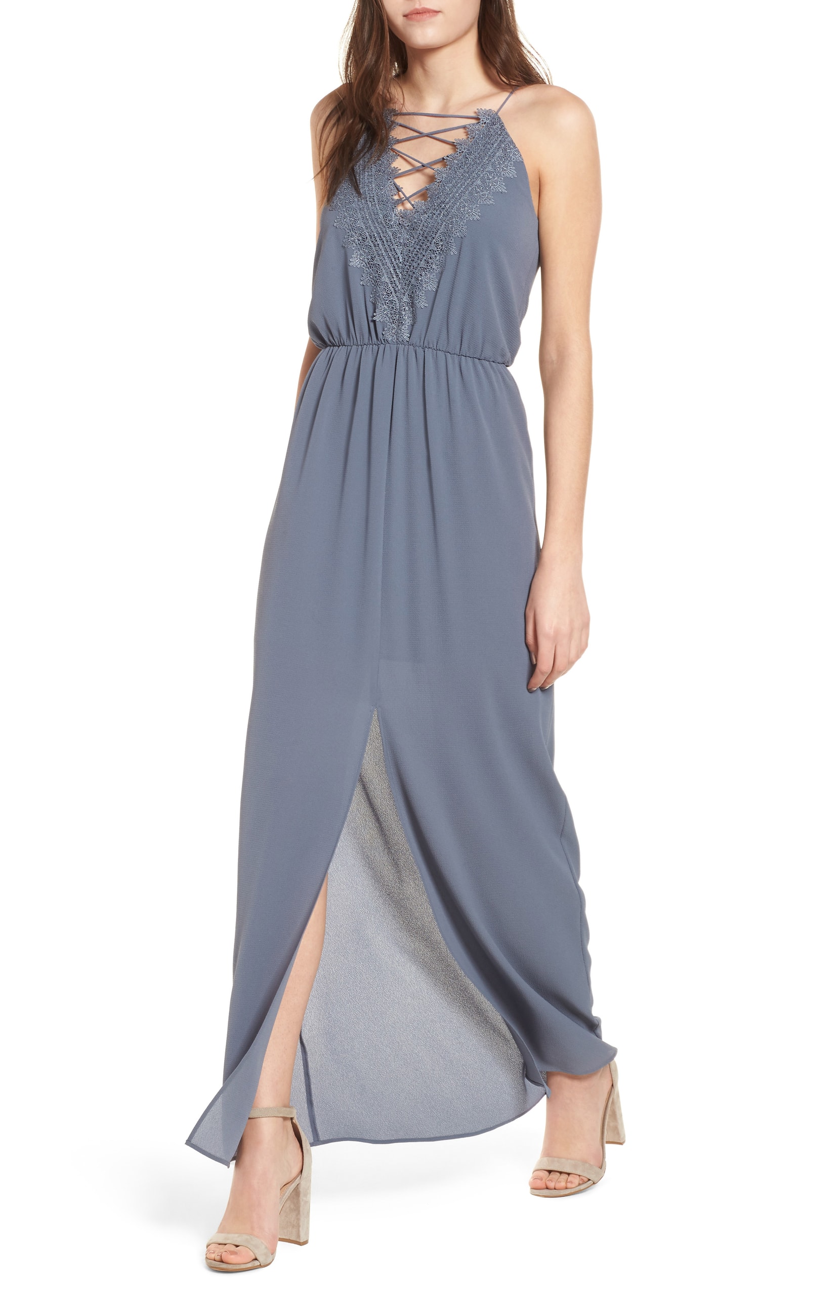 grey maxi dress lace up top