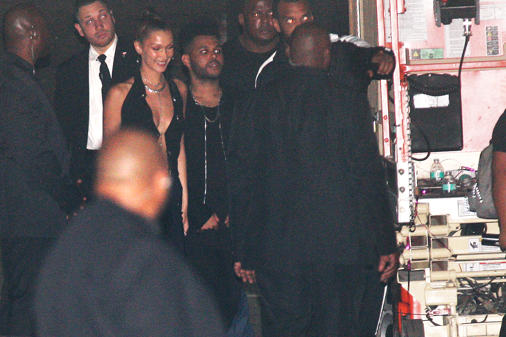 Bella Hadid and The Weeknd are spotted leaving from the back of the Delilah club after celebrating Kylie Jenner's 21st birthday party in West Hollywood on August 10, 2018.