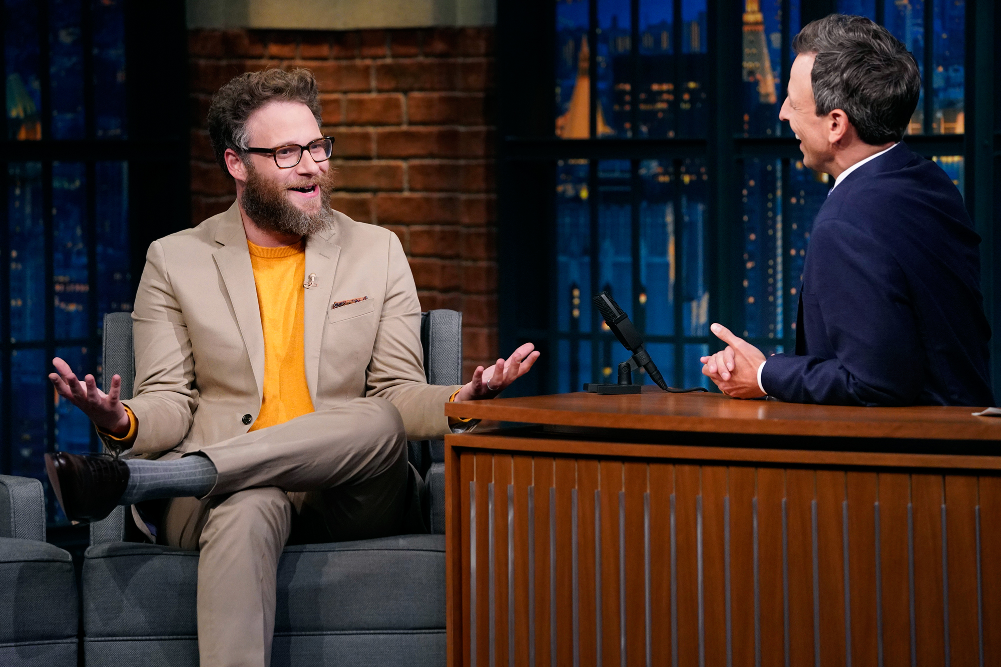 Seth Rogen during an interview with host Seth Meyers on August 8, 2018.