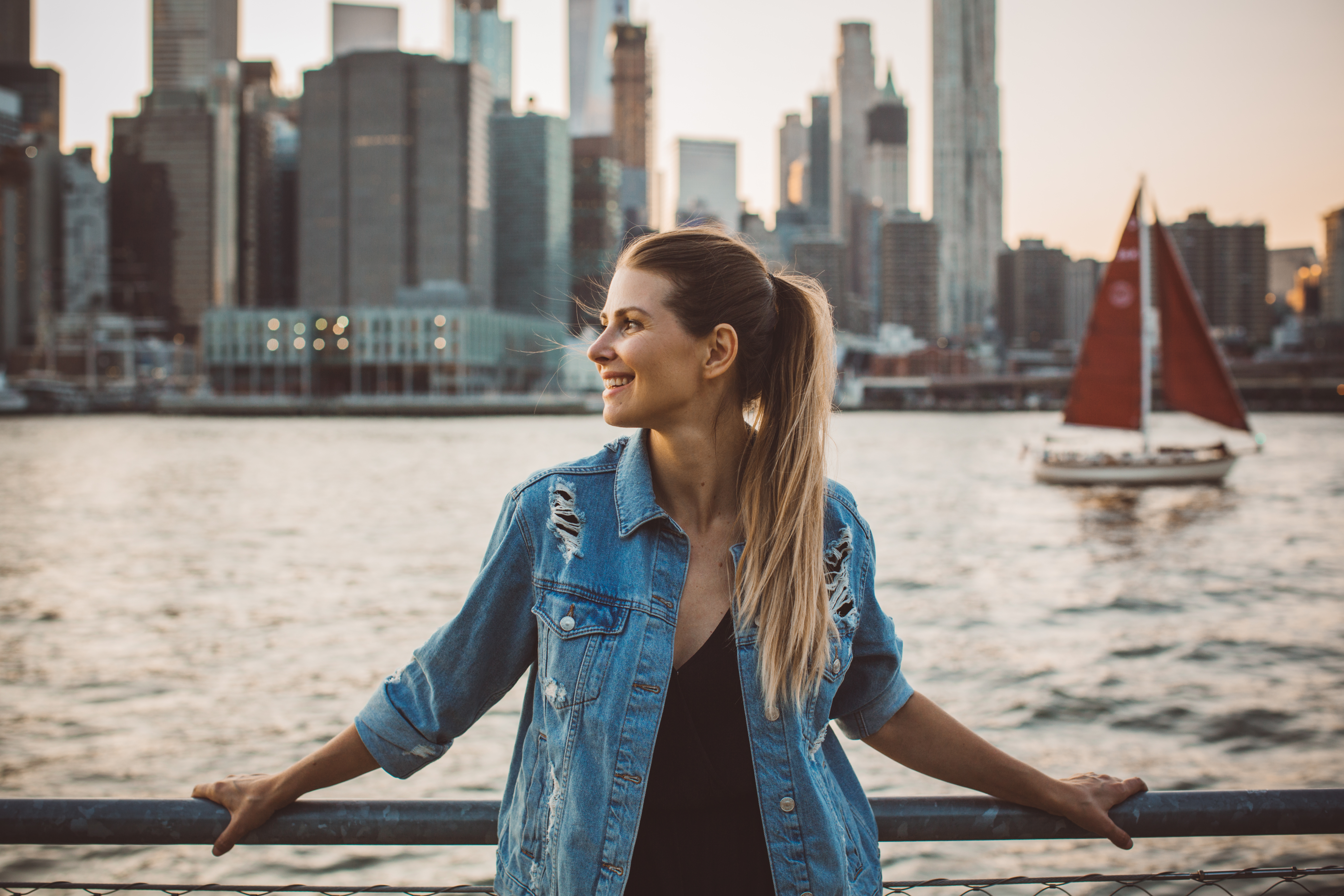 woman in denim jacket