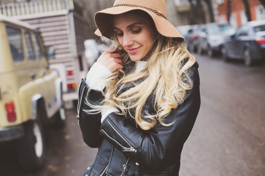 woman in leather jacket