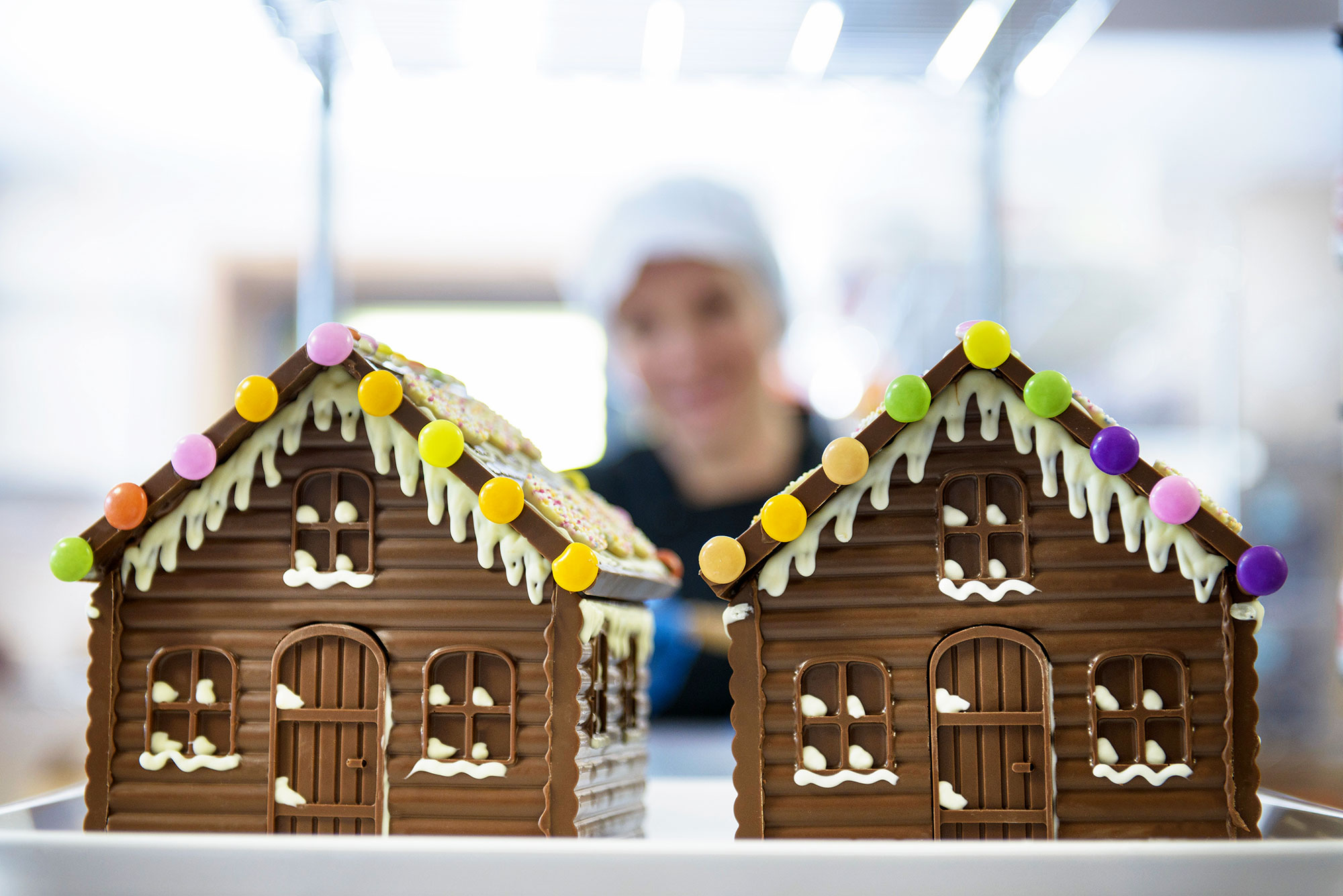 Close up of chocolate houses made in sweet factory