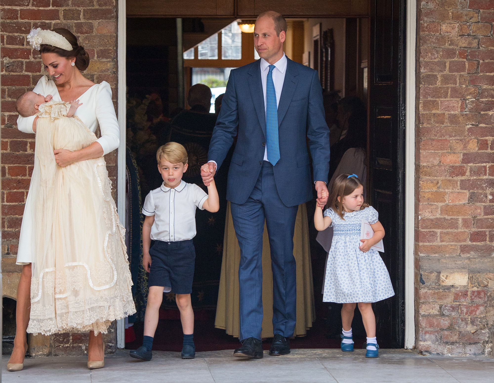 Catherine Duchess of Cambridge and Prince William, Duke of Cambridge with their children Prince George, Princess Charlotte and Prince Louis after Prince Louis' christening at St James's Palace on July 09, 2018 in London, England.