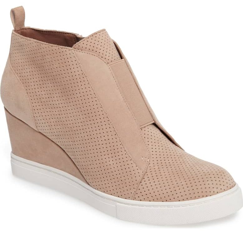 light pink suede wedge bootie