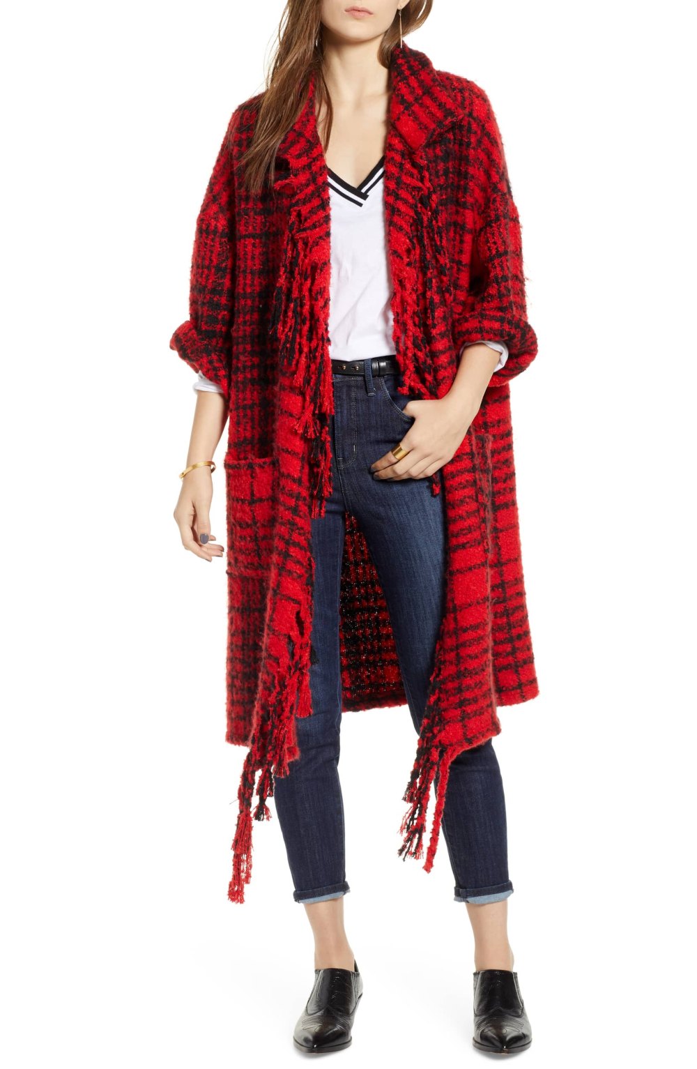 Treasure & Bond Plaid Fringe Cardigan