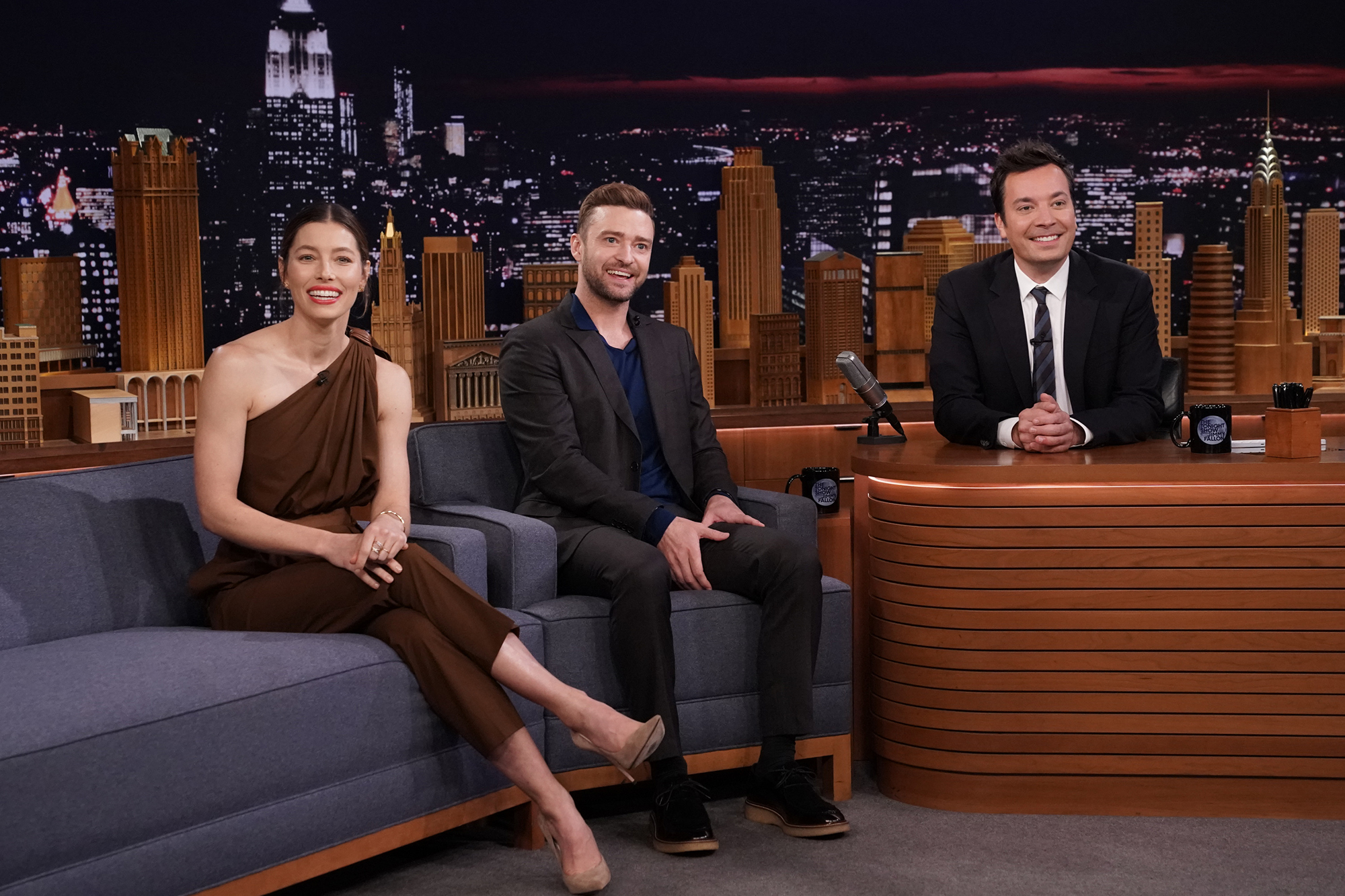 Jessica Biel and Justin Timberlake during an interview with host Jimmy Fallon.