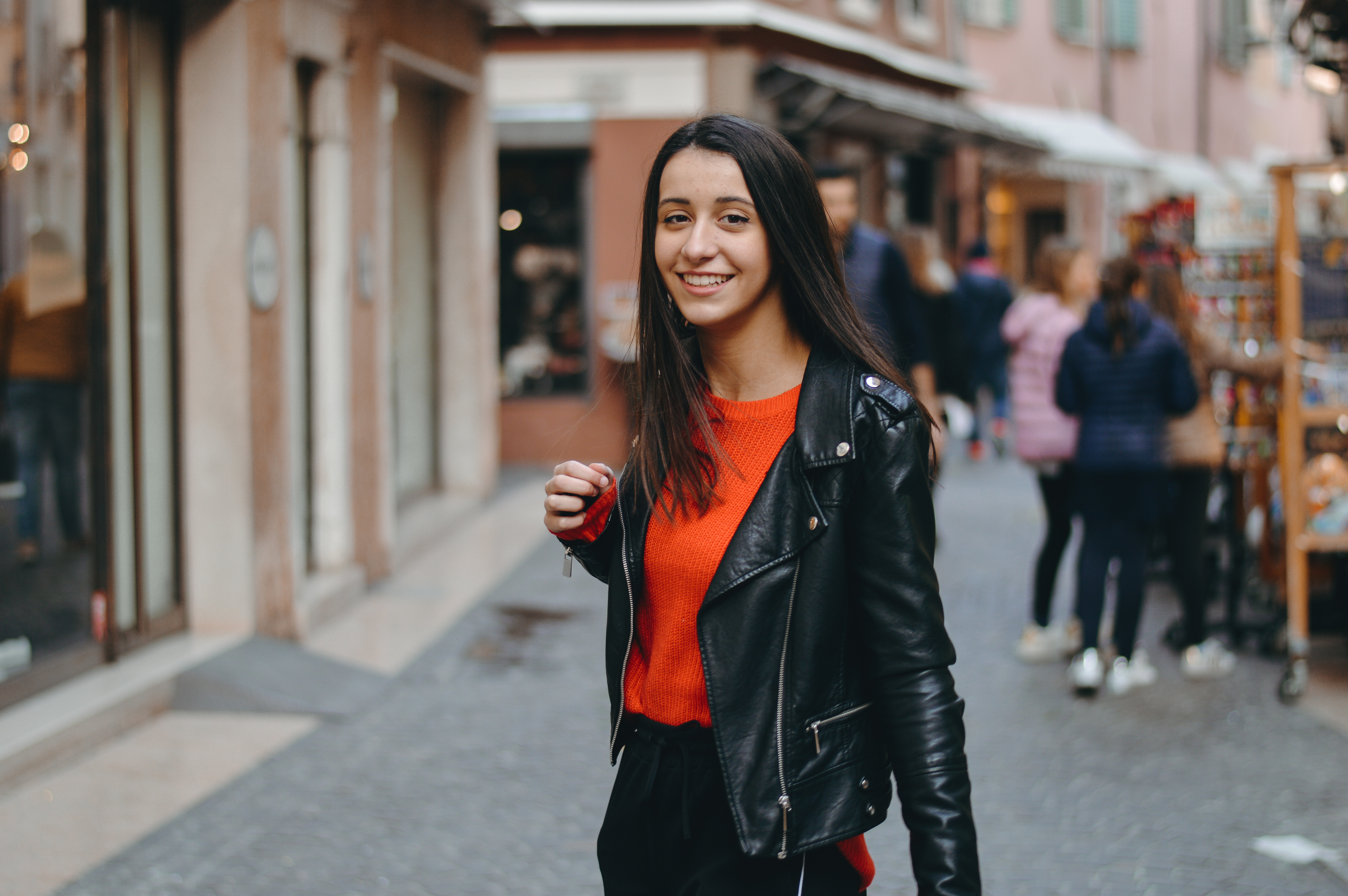 woman in leather jacket