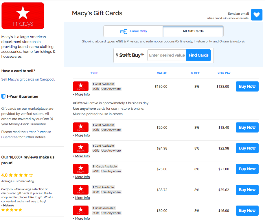 macys gift cards available on cardpool