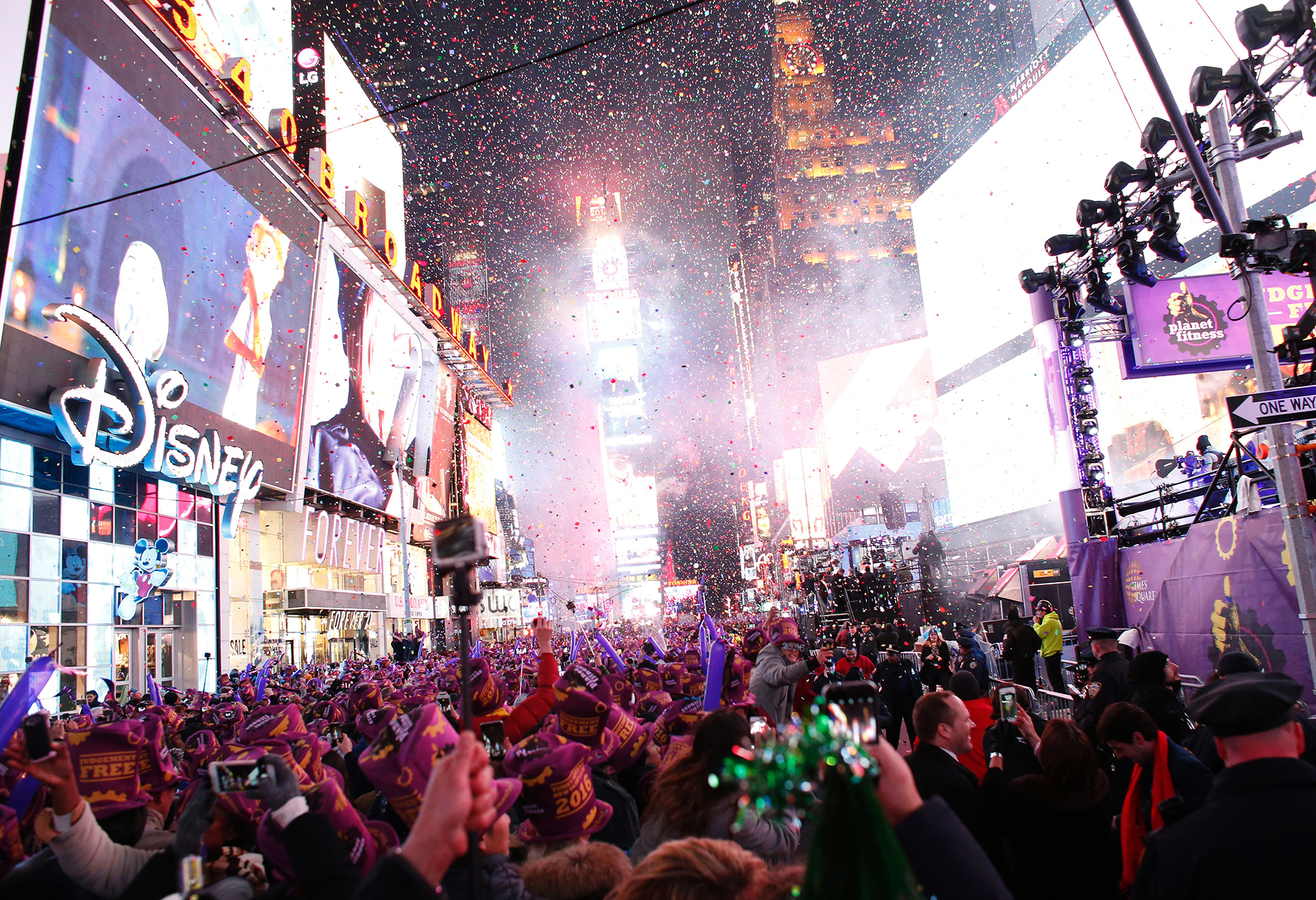 Revelers celebrate after the ball drop during New Year's Eve celebrations in Times Square