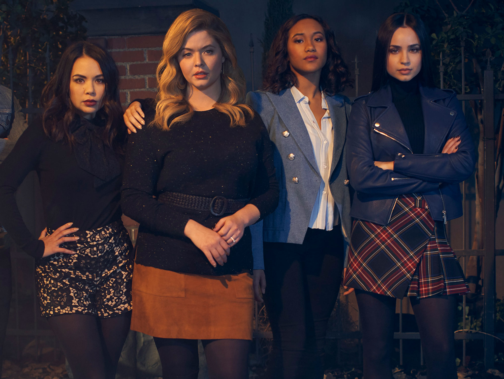 Janel Parrish as Mona, Sasha Pieterse as Alison, Sydney Park as Caitlin, and Sofia Carson as Ava. Pretty Little Liars Fans Can Get a Free Makeup Application to Celebrate New Series The Perfectionists