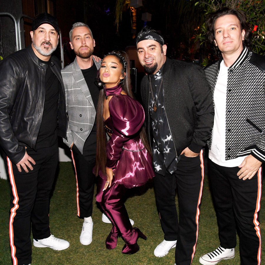 Ariana Grande (C) with members of NSYNC Joey Fatone, Lance Bass, Chris Kirkpatrick, and JC Chasez coachella fashion