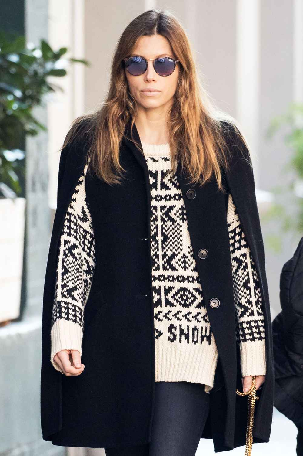 Jessica Biel jewelry sunglasses sweater hair