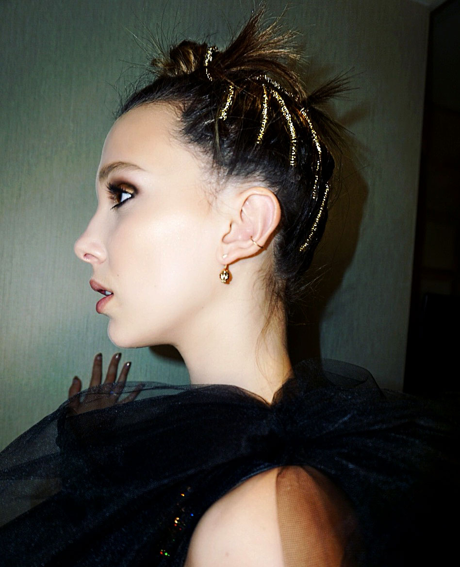 Millie Bobby Brown Gold Godzilla Premiere Updo