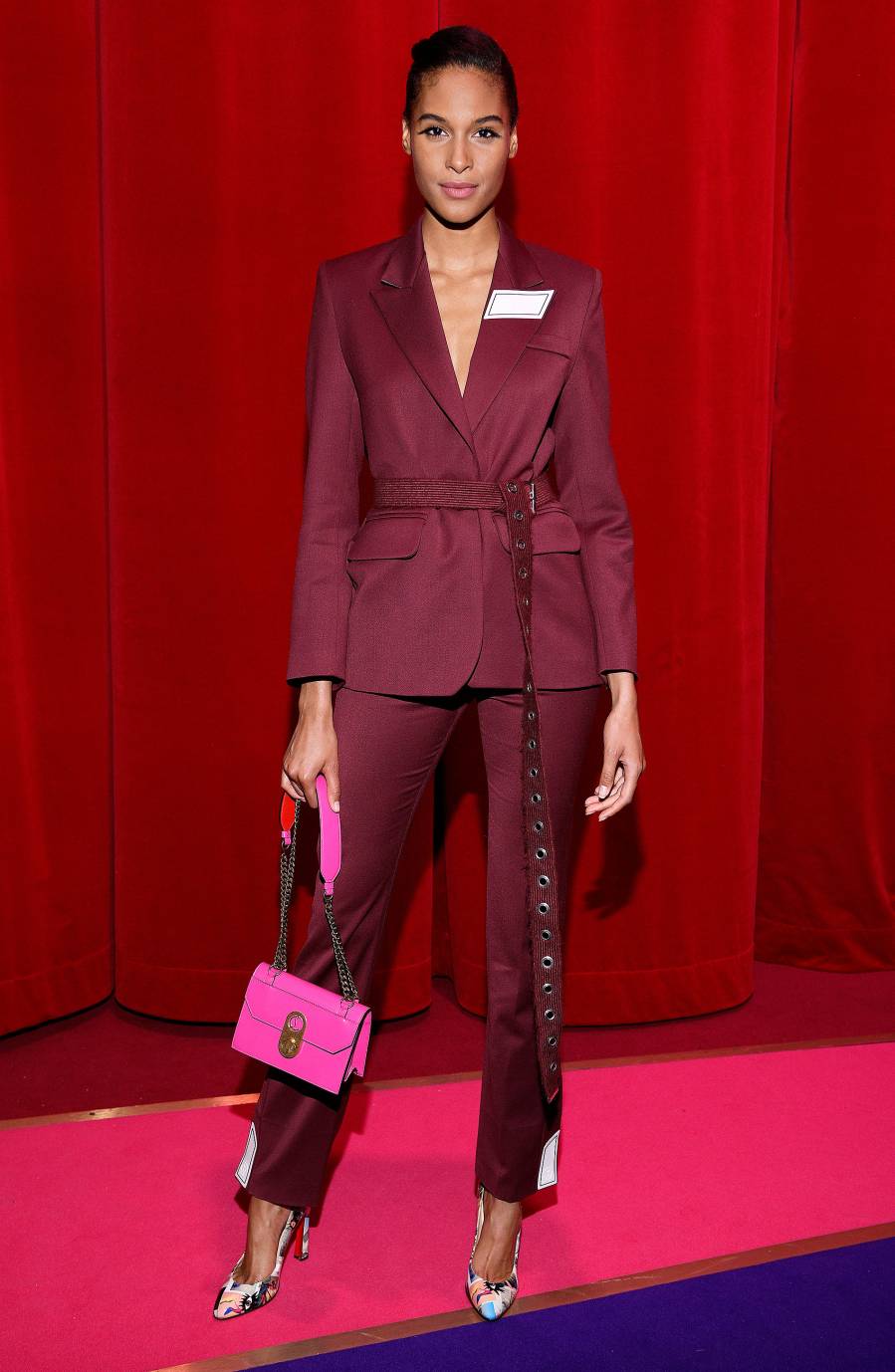 Cindy Bruna Burgundy Suit Paris Haute Couture Fashion Week