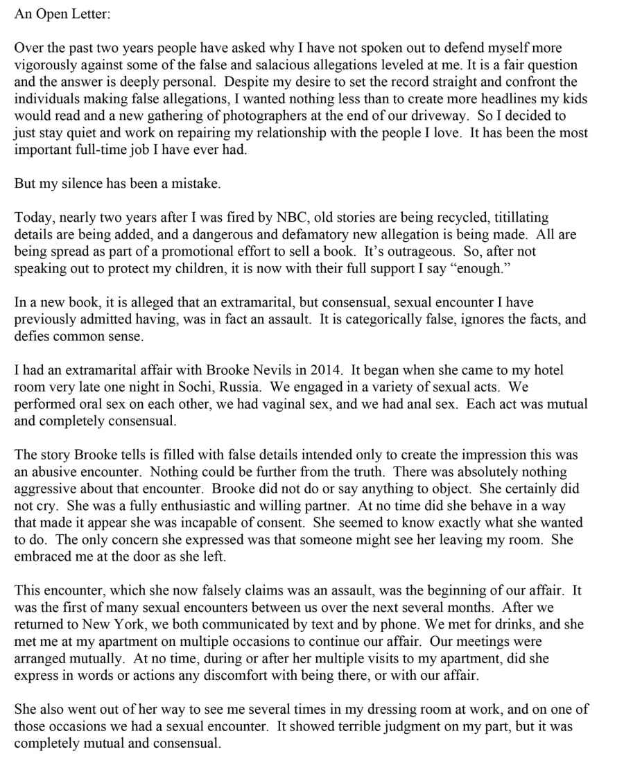 Matt Lauer Open Letter Page 1