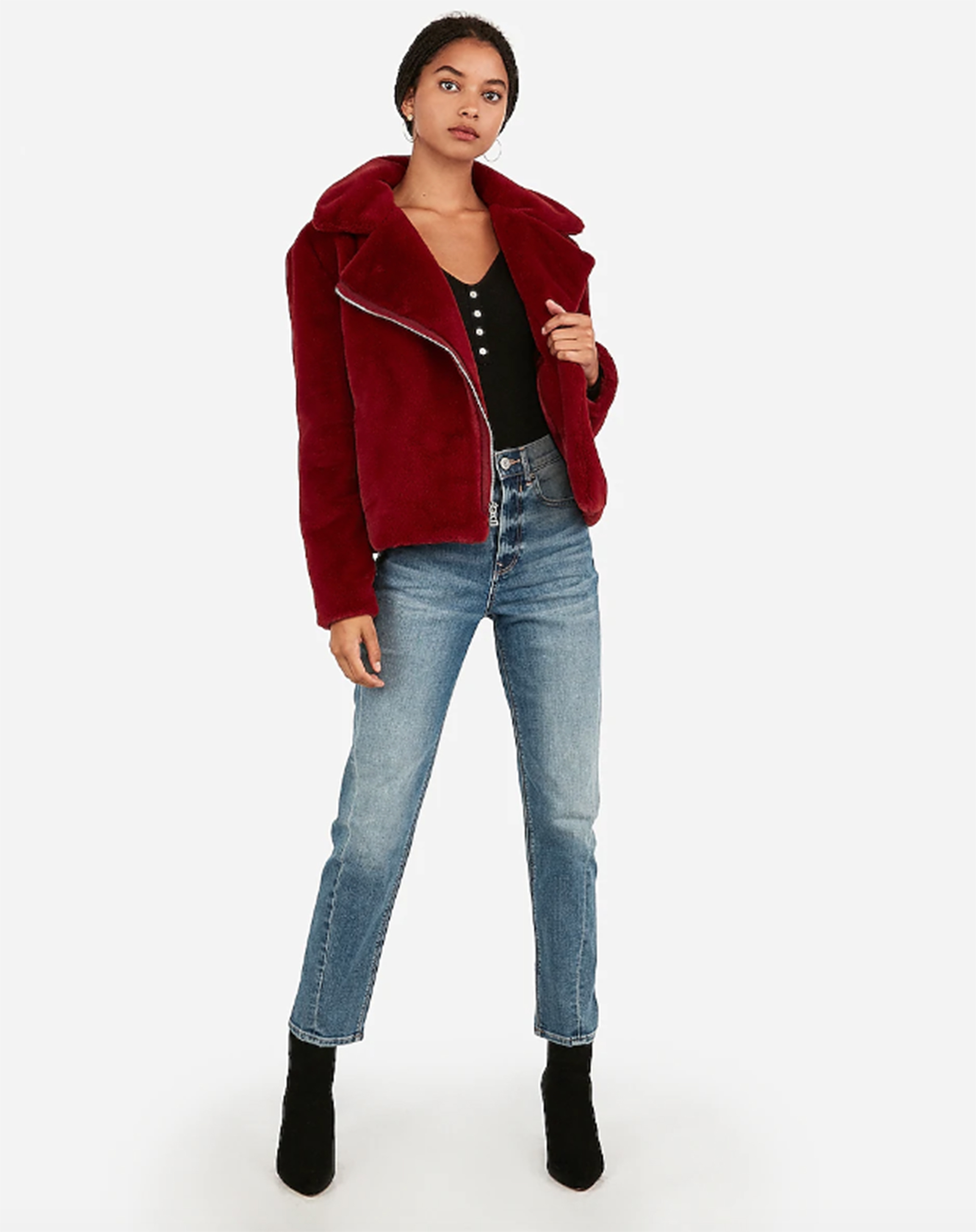 Asymmetrical Zip Faux Fur Moto Jacket