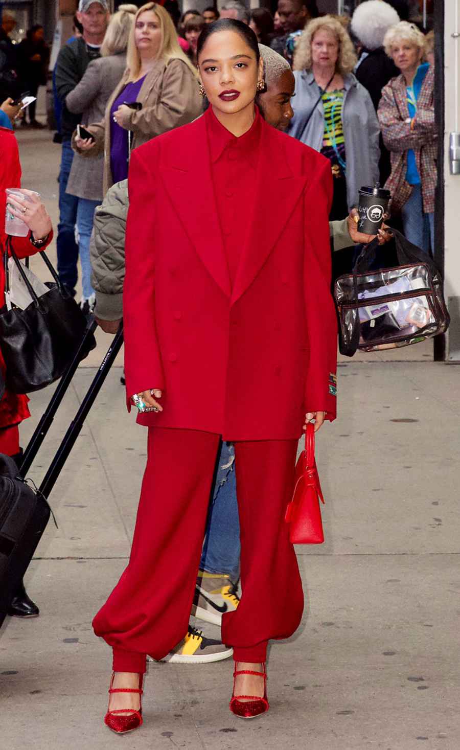 Celebs Wearing Red Suits - Tessa Thompson October 22, 2019