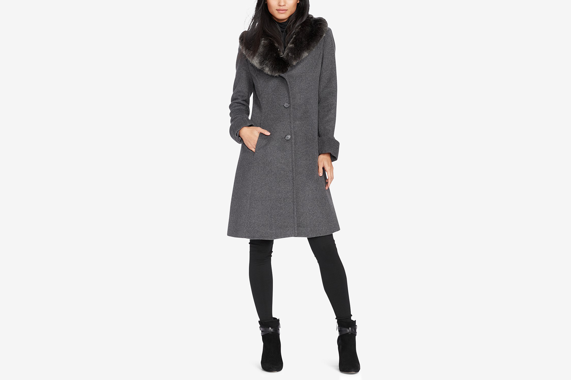 Lauren Ralph Lauren Faux-Fur-Collar Walker Coat (Dark Grey)
