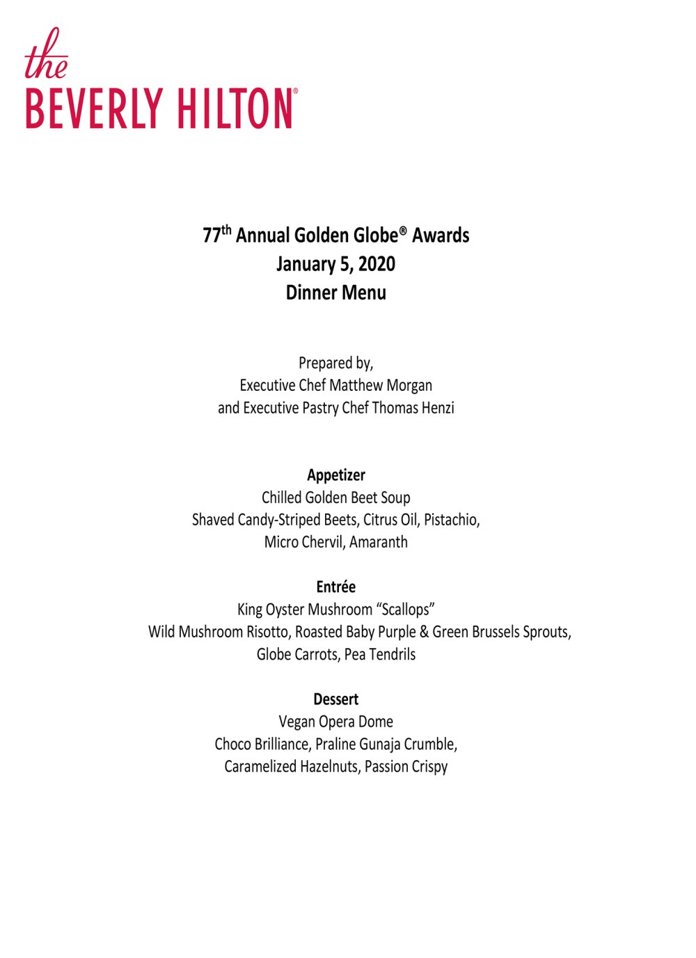 Golden Globes 2020 Menu