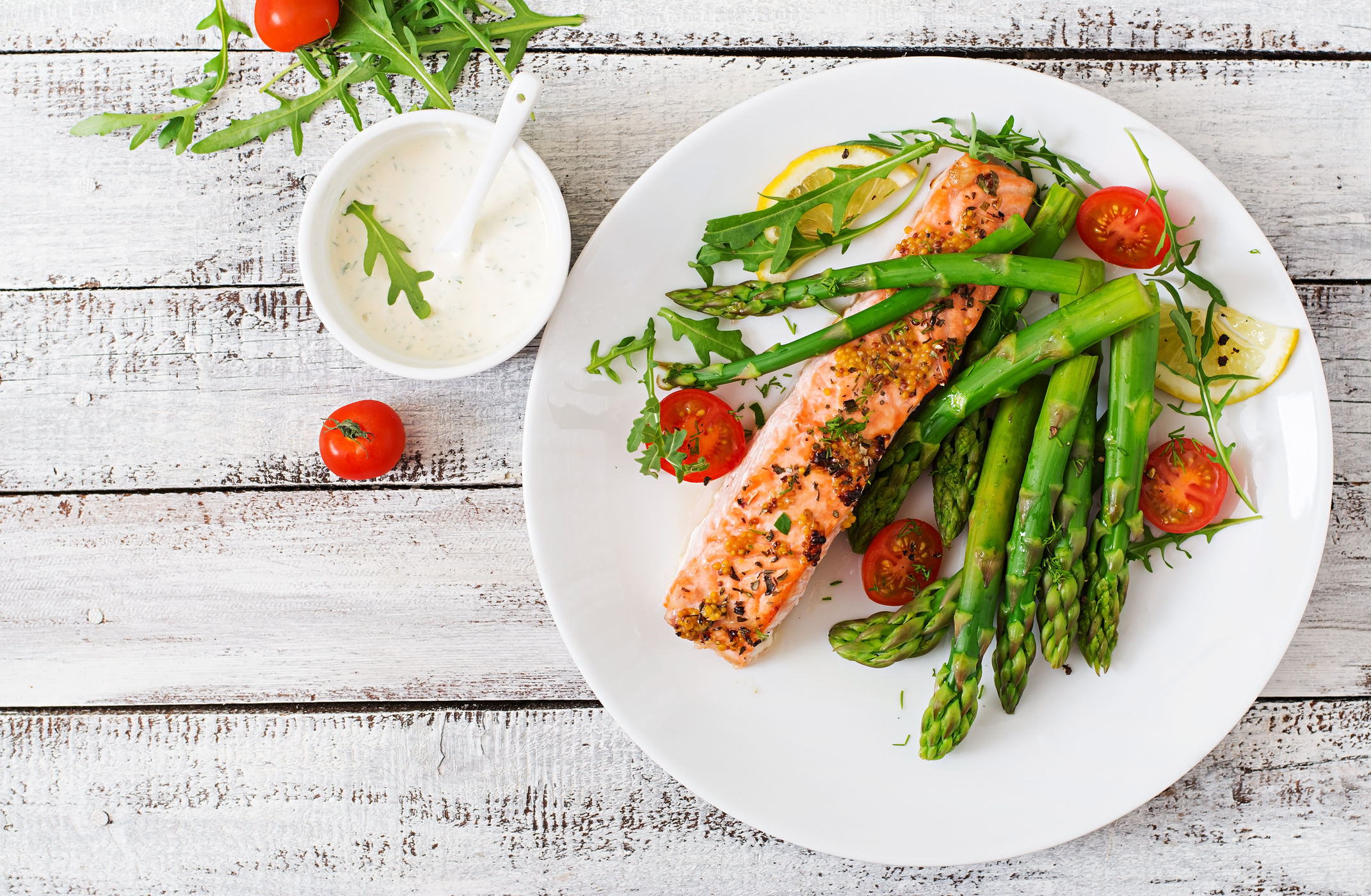 Plated salmon with asparagus