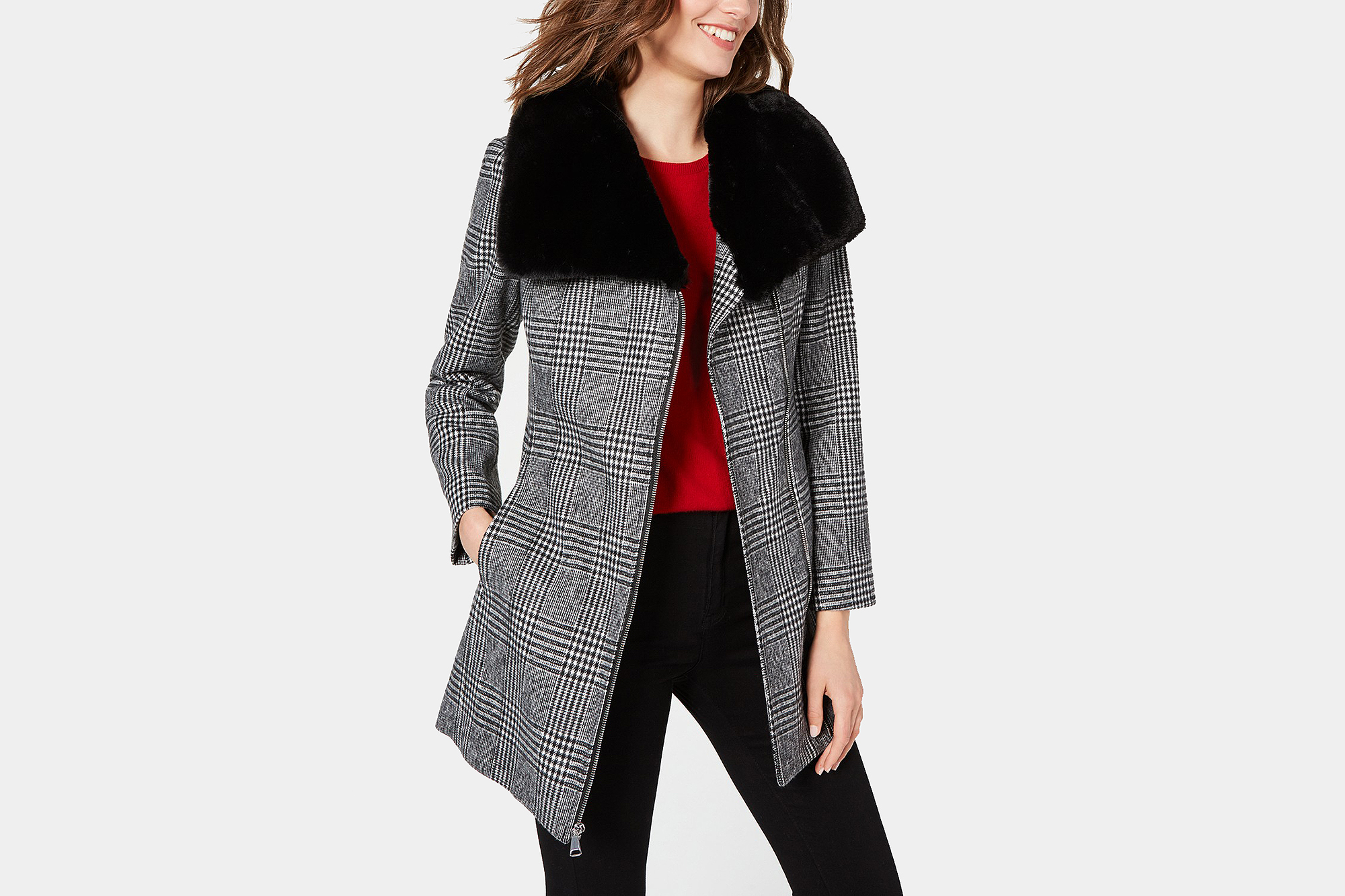 INC Faux-Fur-Collar Belted Plaid Coat
