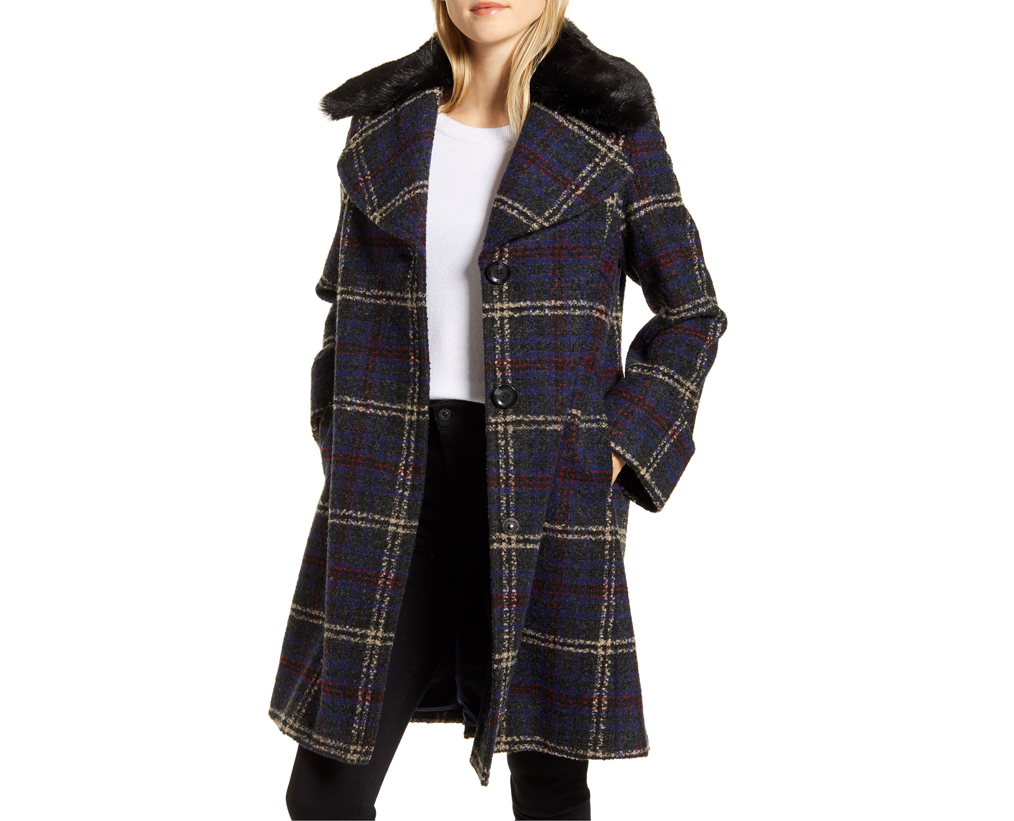 Sam Edelman Plaid Bouclé Wool Blend Coat with Faux Fur Trim