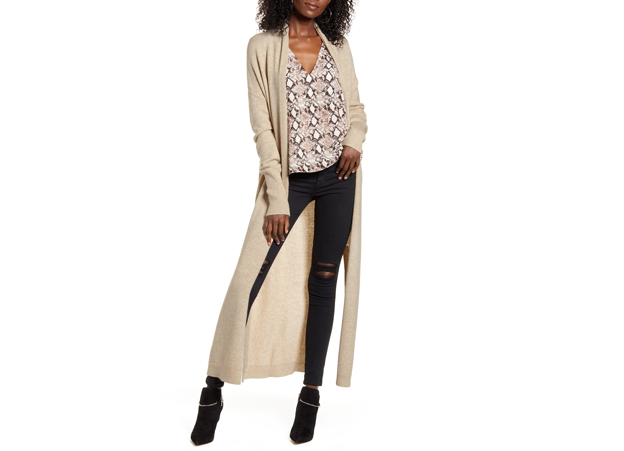 Leith Longline Open Cardigan (Beige Hummus Heather)