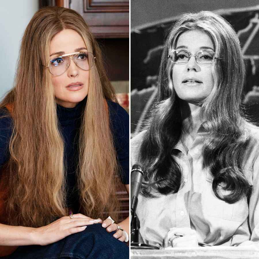 Rose Byrne as Gloria Steinem in Mrs America and Gloria Steinem in 1973