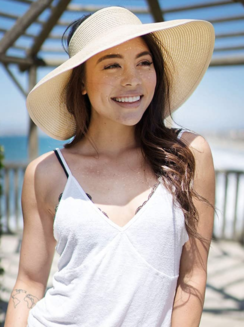 Simplicity Women’s Summer Foldable Straw Sun Visor (Beige White)