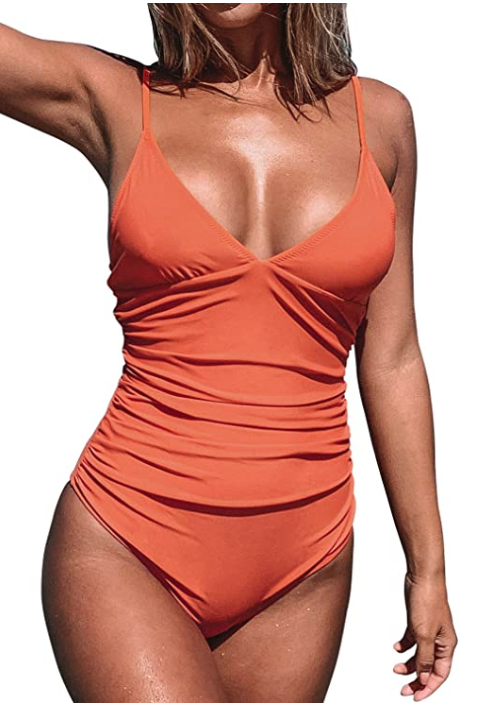 CUPSHE Women's Shirring Design V-Neck Low Back One Piece Swimsuit (Orange)