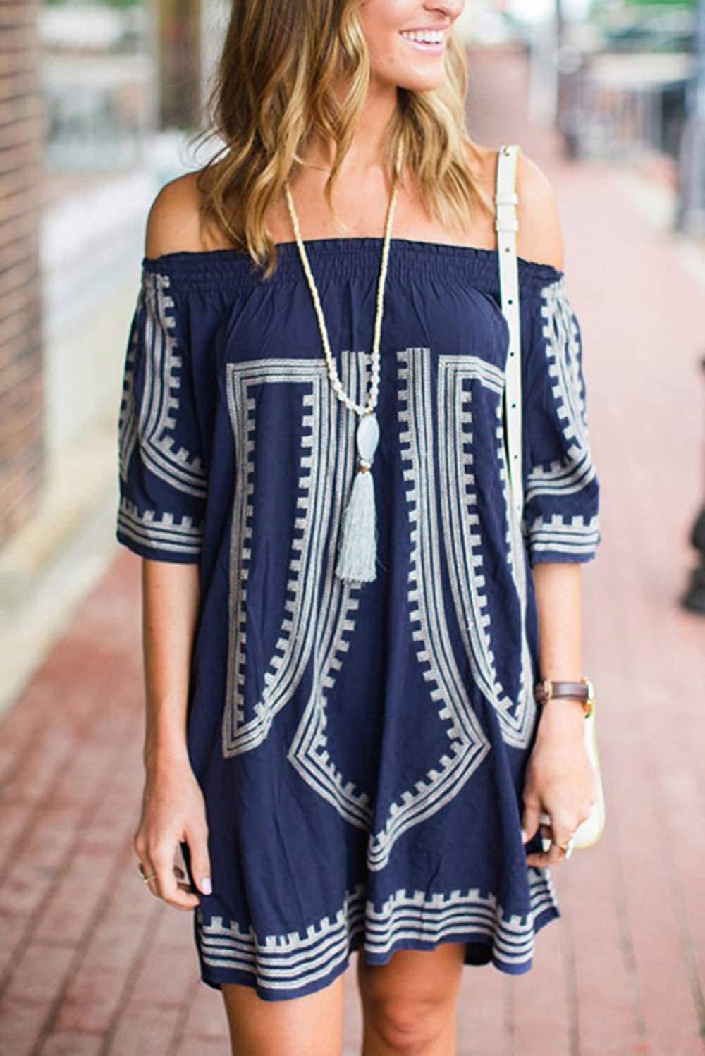 GOSOPIN Bohemian Vibe Geometric Print Off The Shoulder Beach Dress