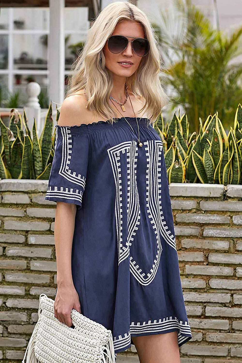 GOSOPIN Bohemian Vibe Geometric Print Off The Shoulder Beach Dress