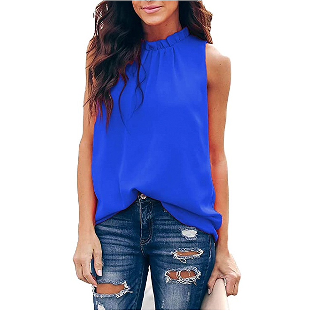 Allimy Women's Summer Ruffle Trim Neckline Tank Top (Blue 2)