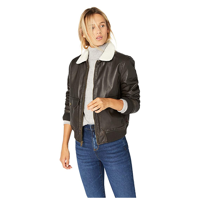 Levi's Women's Faux Leather Sherpa Aviator Bomber Jacket (Dark Brown)