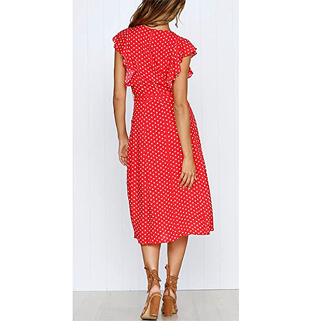 MITILLY Women's Summer Boho Polka Dot Sleeveless V Neck Swing Midi Dress 2