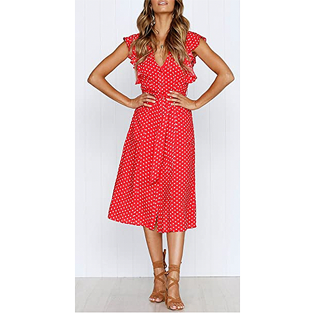 MITILLY Women's Summer Boho Polka Dot Sleeveless V Neck Swing Midi Dress