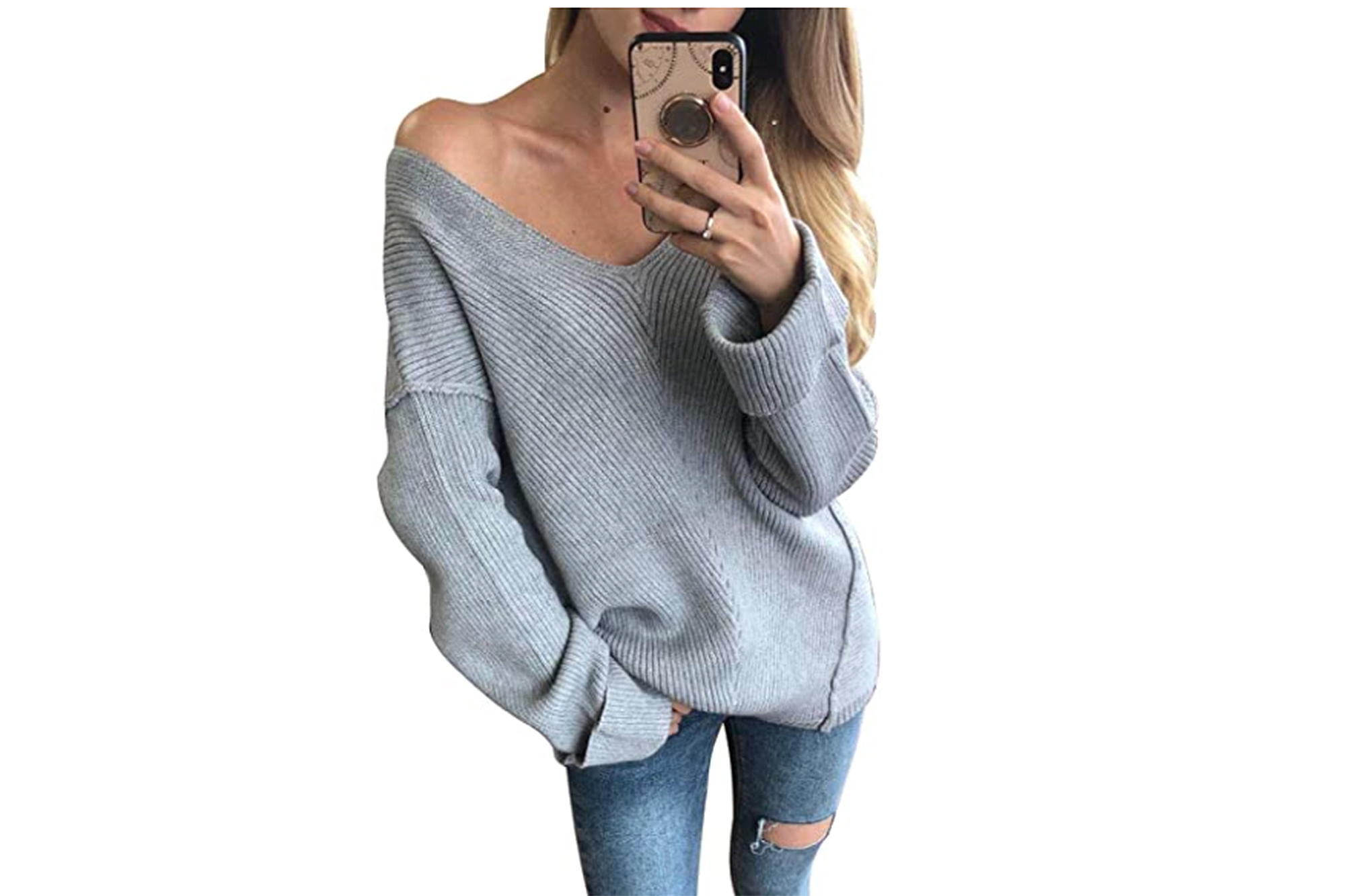 Glamaker Women's Oversized V-Neck Off Shoulder Sweater