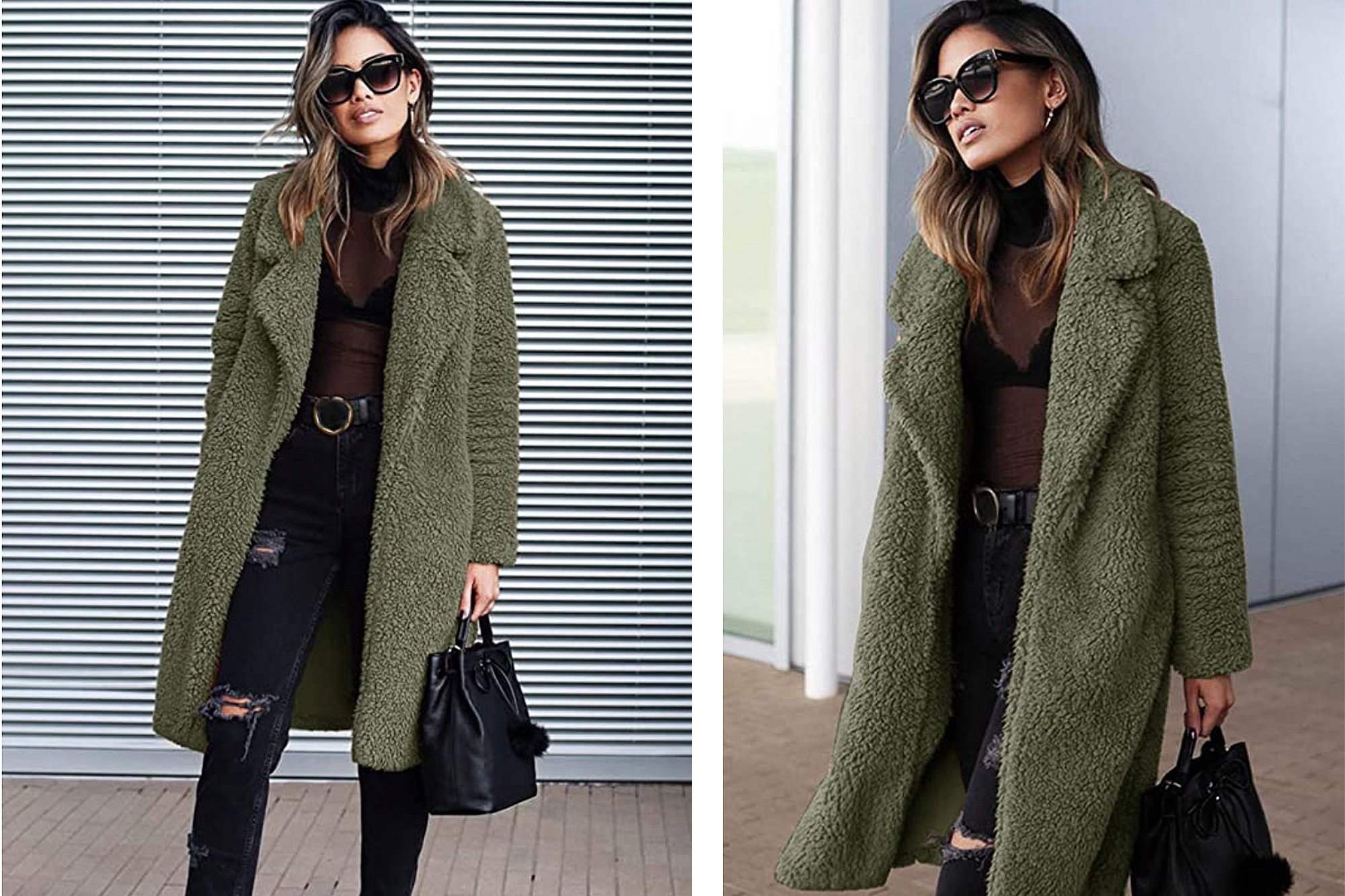 Angashion Women's Fuzzy Fleece Lapel Open Front Long Cardigan Coat